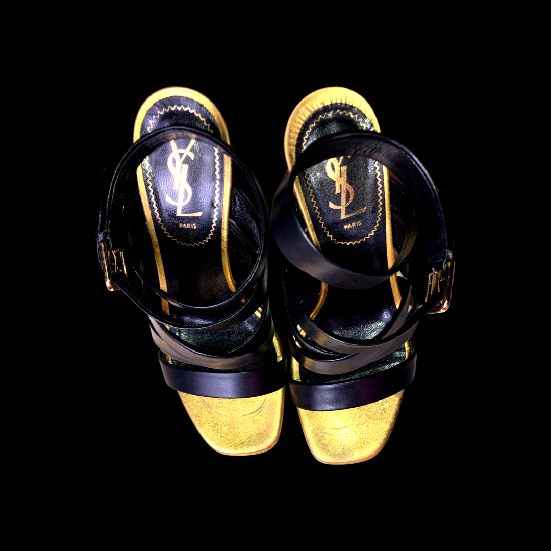 Vintage Yves Saint Laurent Montaig Nero Black And Gold Leather 105 Strappy Sandal Platform Heels