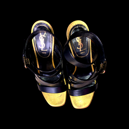 Vintage Yves Saint Laurent Montaig Nero Black And Gold Leather 105 Strappy Sandal Platform Heels