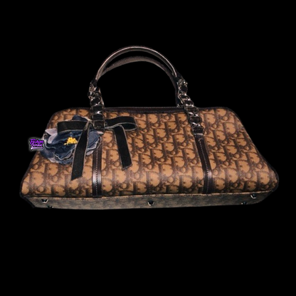 Vintage Christian Dior By John Galliano Jacquard Monogram Logo Brown Black and Silver Shoulder Bag With Velvet Chain Handle Straps Chiffon Silk Floral Appliqué