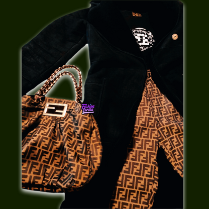 Vintage Fendi Black Zucca Monogram Logo Genuine Sherpa Wool And Suede Long Trench Coat