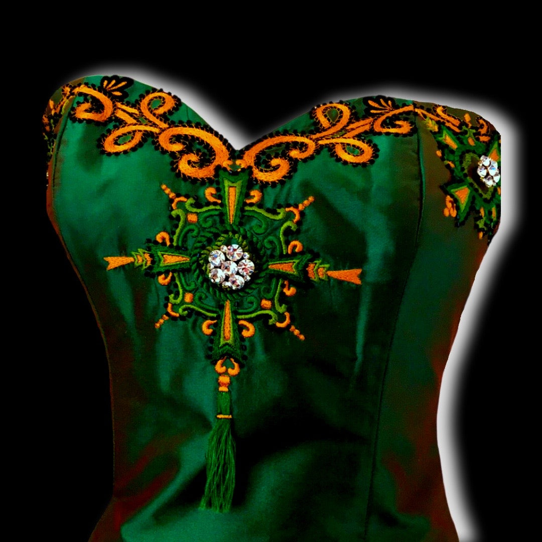Vintage Marisa Baratelli Pure Silk Iridescent Green And Gold Embellished Embroidery Corset Bustier Skinny Removable Strap Convertible Top with Coordinating Skirt