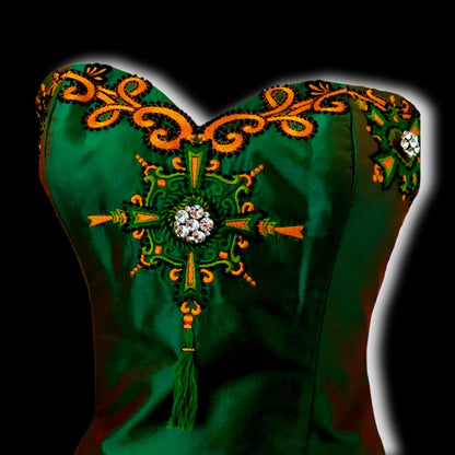Vintage Marisa Baratelli Pure Silk Iridescent Green And Gold Embellished Embroidery Corset Bustier Skinny Removable Strap Convertible Top with Coordinating Skirt