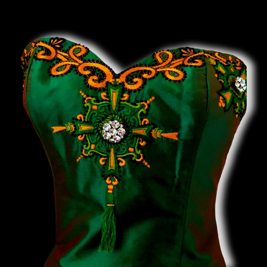 Vintage Marisa Baratelli Pure Silk Iridescent Green And Gold Embellished Embroidery Corset Bustier Skinny Removable Strap Convertible Top with Coordinating Skirt