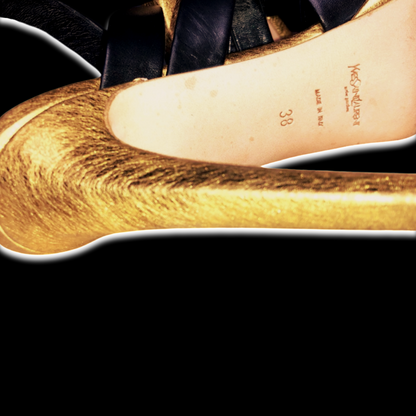 Vintage Yves Saint Laurent Montaig Nero Black And Gold Leather 105 Strappy Sandal Platform Heels