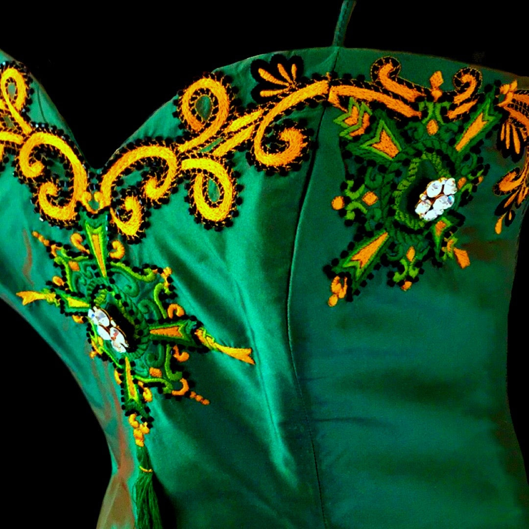 Vintage Marisa Baratelli Pure Silk Iridescent Green And Gold Embellished Embroidery Corset Bustier Skinny Removable Strap Convertible Top with Coordinating Skirt