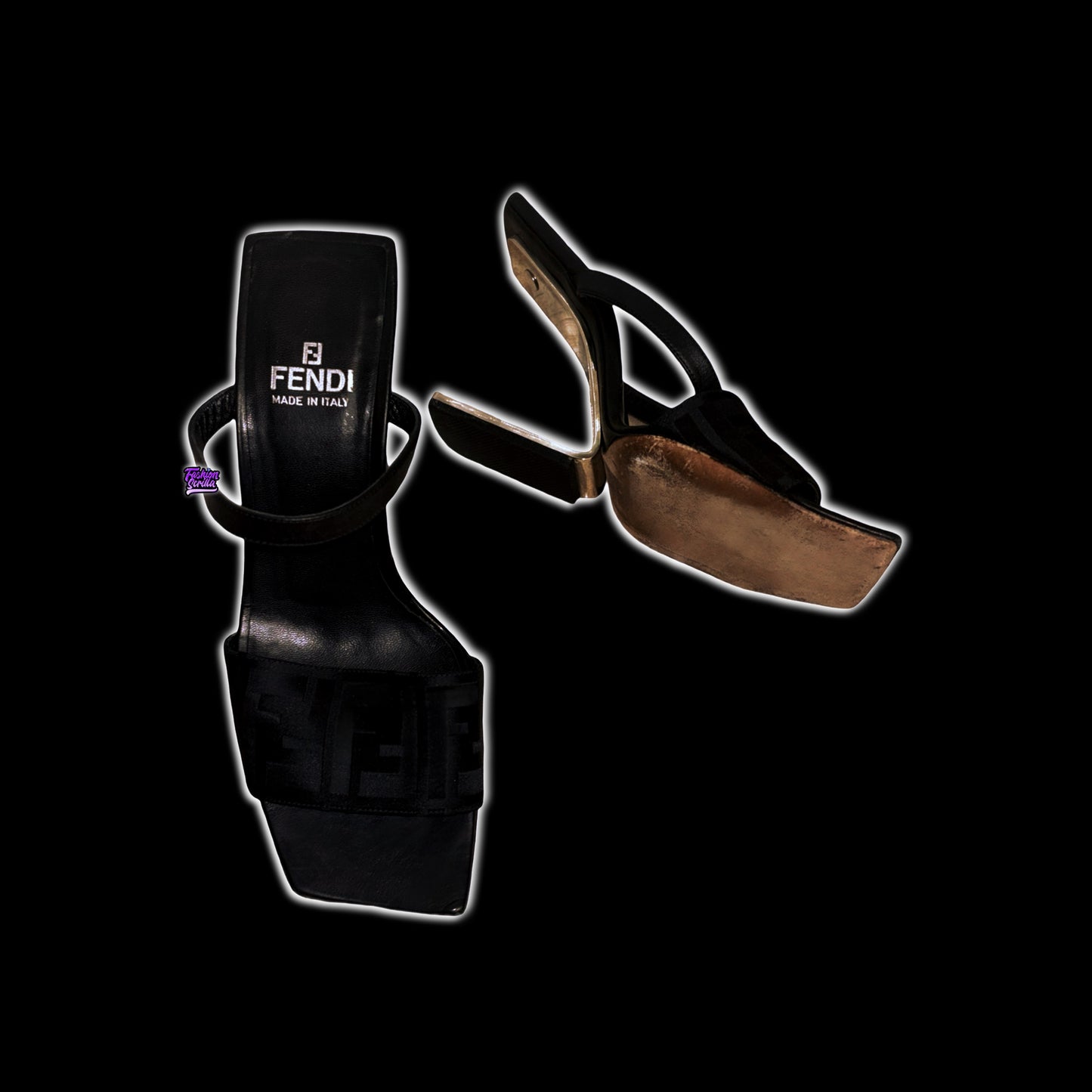 Fendi Vintage Monogram FF Logo Square Toe Y2K Sculpted Metal Heel Mule Sandals