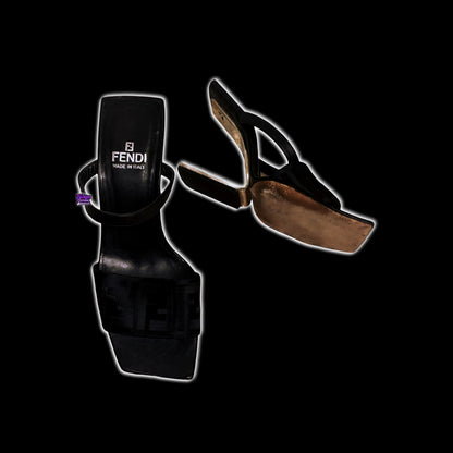 Fendi Vintage Monogram FF Logo Square Toe Y2K Sculpted Metal Heel Mule Sandals