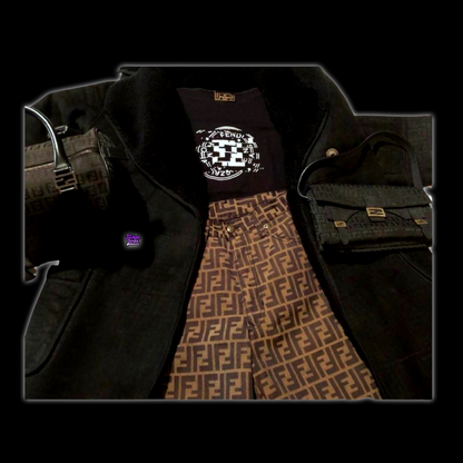 Vintage Fendi Black Zucca Monogram Logo Genuine Sherpa Wool And Suede Long Trench Coat
