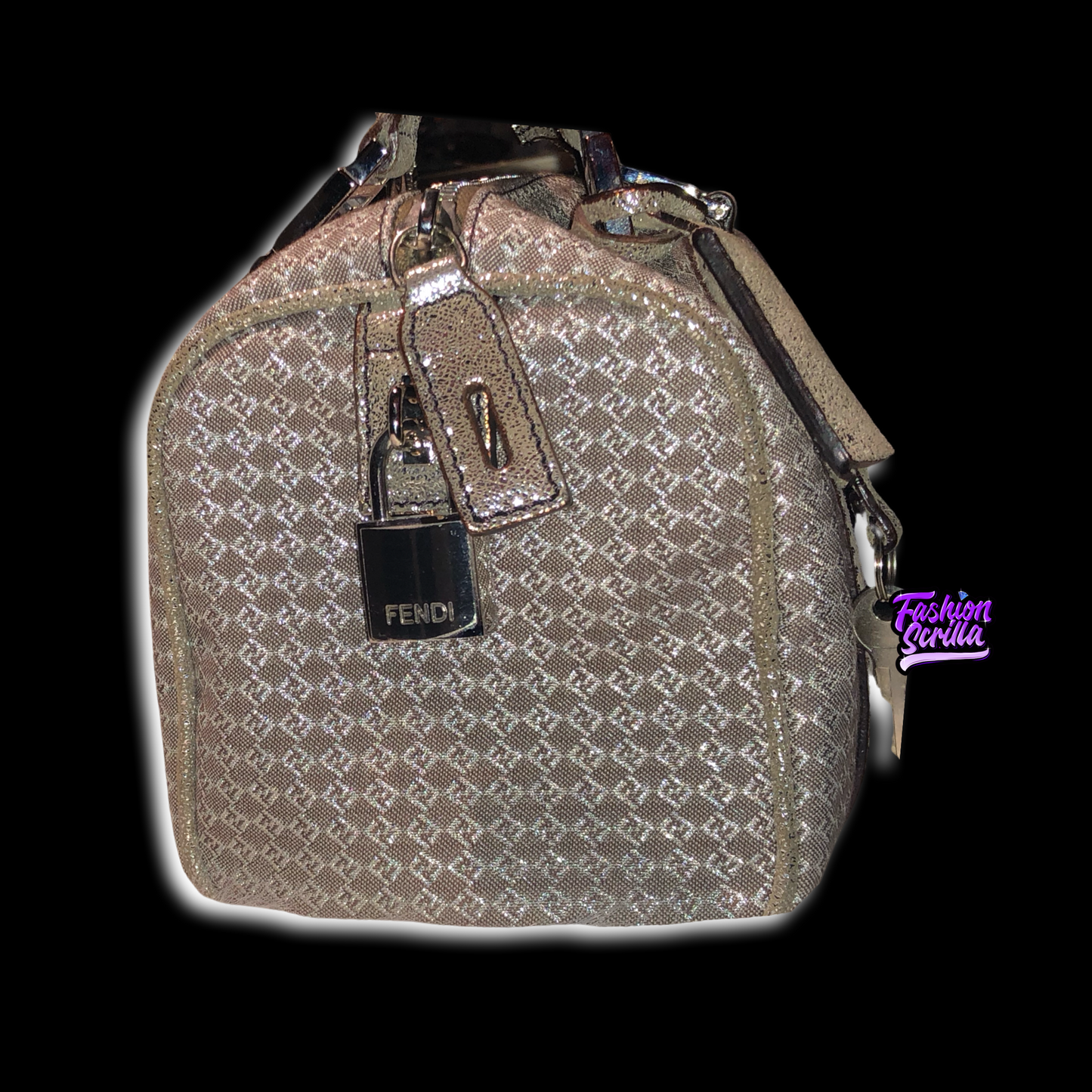 FENDI Vintage Zucca 'FF' Logo Metallic Silver & Beige Zuchinno Monogram Mini Bauletto Bag