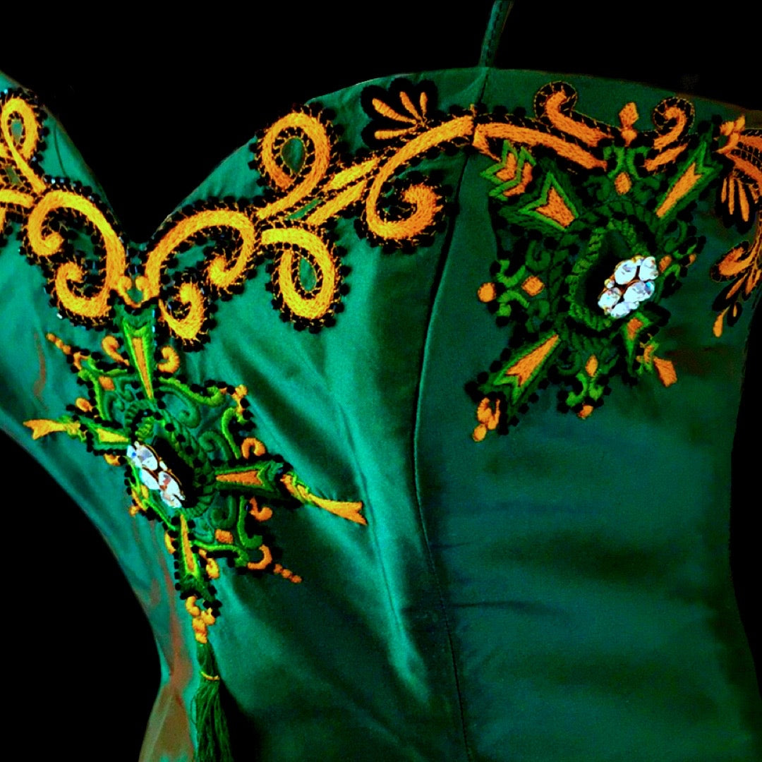 Vintage Marisa Baratelli Pure Silk Iridescent Green And Gold Embellished Embroidery Corset Bustier Skinny Removable Strap Convertible Top with Coordinating Skirt
