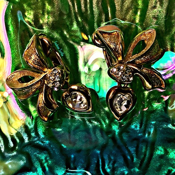 Dior Gold Crystal Bow & Heart Vintage Earrings