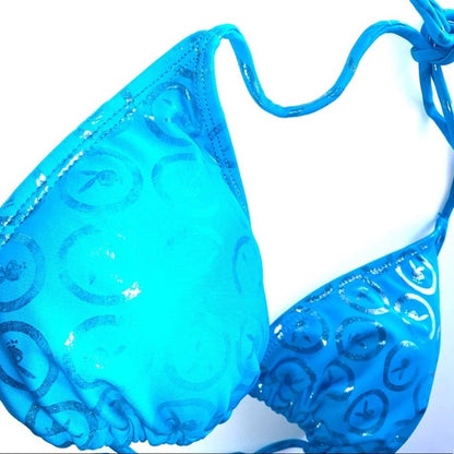 Playboy Vintage Blue Chrome Effect Bunny Crest Logo Bikini Halter Swim Top