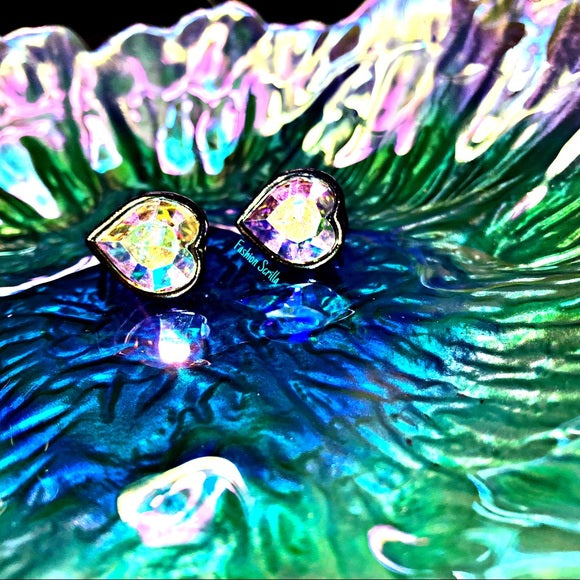 Vintage Yves Saint Laurent Iridescent Gripoix Aurora Borealis Crystal Heart Earrings