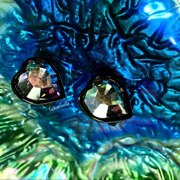 Vintage Yves Saint Laurent Iridescent Gripoix Aurora Borealis Crystal Heart Earrings