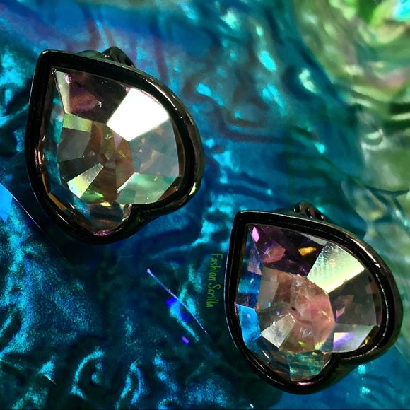 Vintage Yves Saint Laurent Iridescent Gripoix Aurora Borealis Crystal Heart Earrings